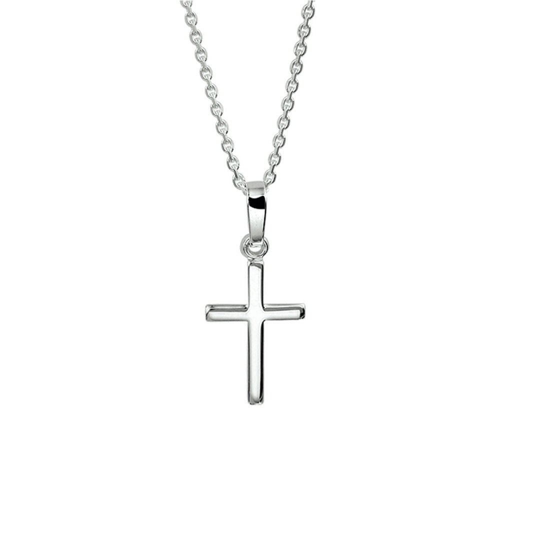 De collier kruis 41 + 4 cm zilver wit van Van der Kooij Collectie hangt aan een delicate zilveren ketting tegen een witte achtergrond en biedt een tijdloze unisex stijl.