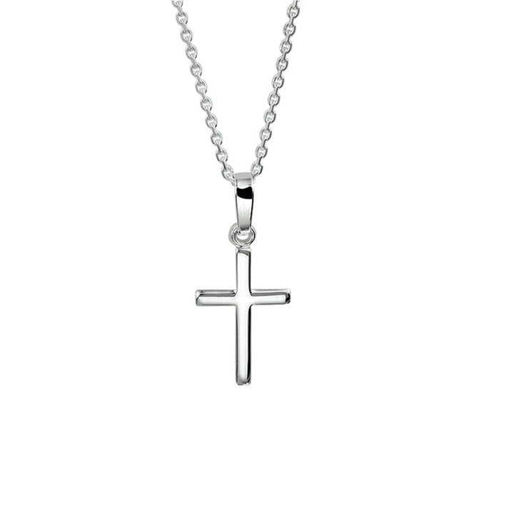 De collier kruis 41 + 4 cm zilver wit van Van der Kooij Collectie hangt aan een delicate zilveren ketting tegen een witte achtergrond en biedt een tijdloze unisex stijl.