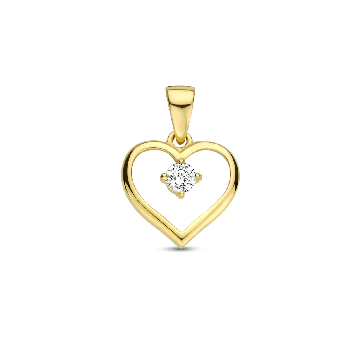 Colgante de corazón en oro amarillo de 14K con circonita brillante en el centro.