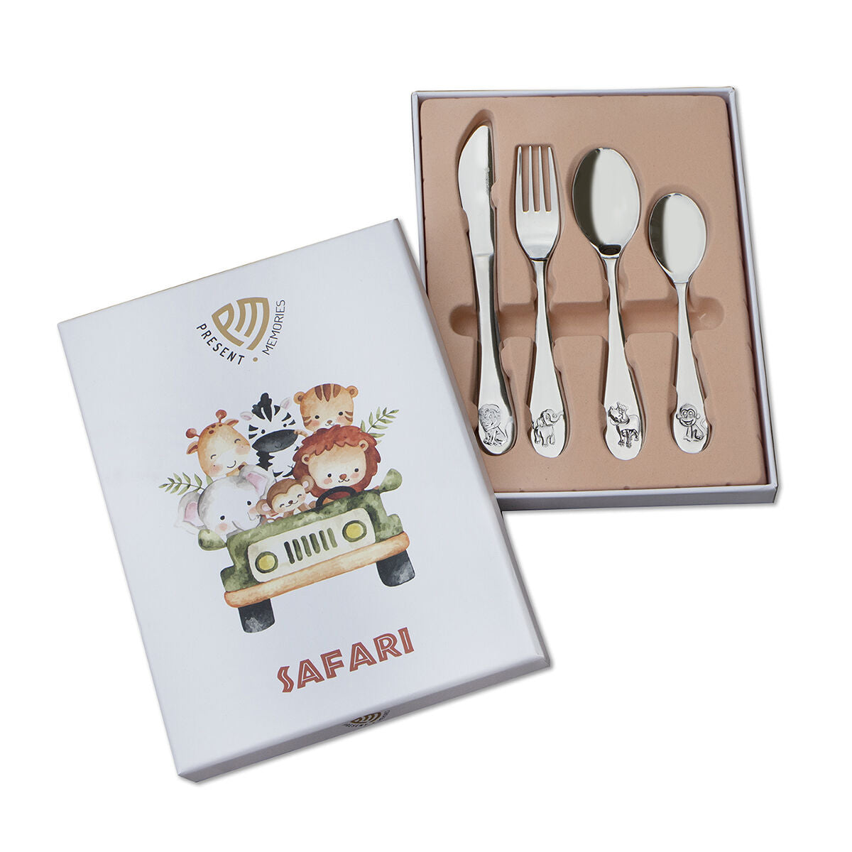 Set de cubiertos para niños de acero inoxidable con diseño de safari, incluye cuchillo, tenedor y cuchara.