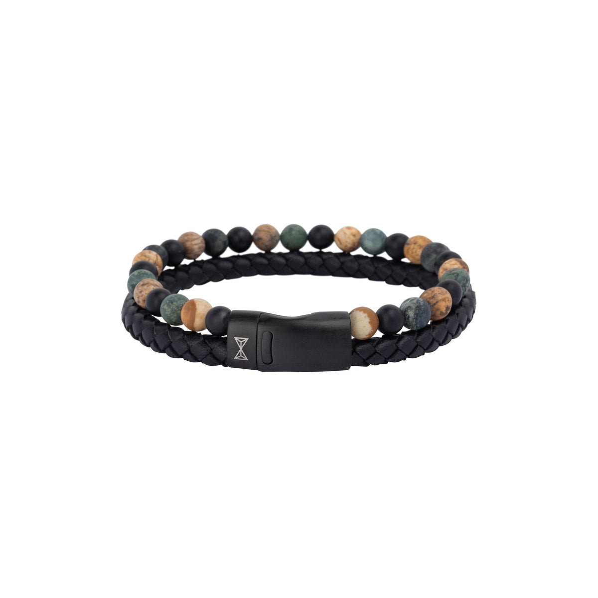 Pulsera de cuero trenzado negro con cuentas de piedra en tonos verdes y marrones.