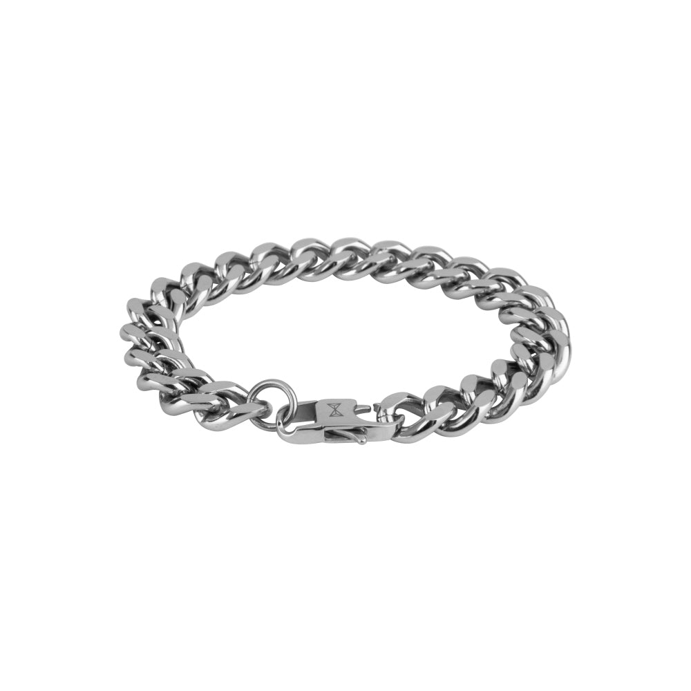 Pulsera de eslabones plana de acero inoxidable, con acabado brillante y cierre de clip.