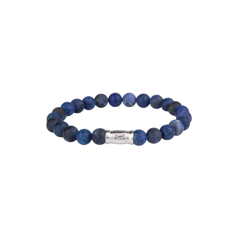 Pulsera de cuentas para hombres con cuentas de 8 mm en tonos azules y un detalle plateado.