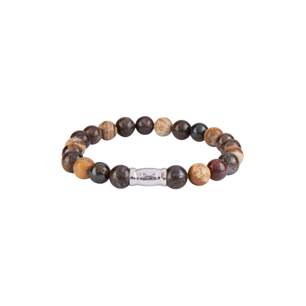Pulsera de cuentas para hombres con cuentas de 8 mm en tonos marrones y un detalle plateado.