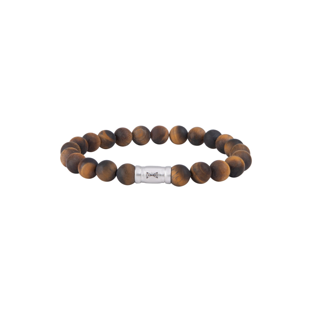 Pulsera de cuentas para hombre de 8 mm en tonos marrones con detalle plateado.