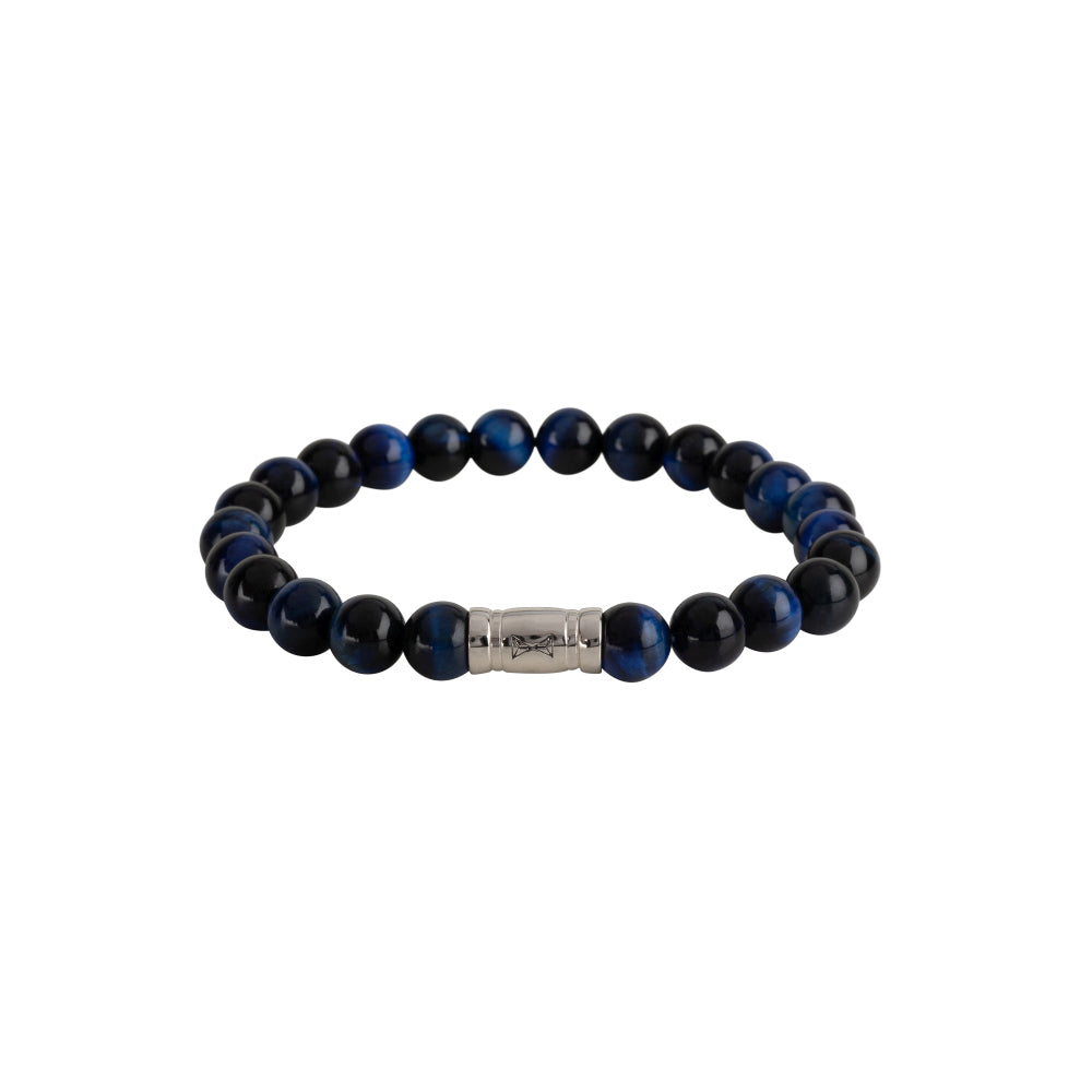 Pulsera de cuentas para hombre de 8 mm en tonos azules y negros con un detalle metálico.