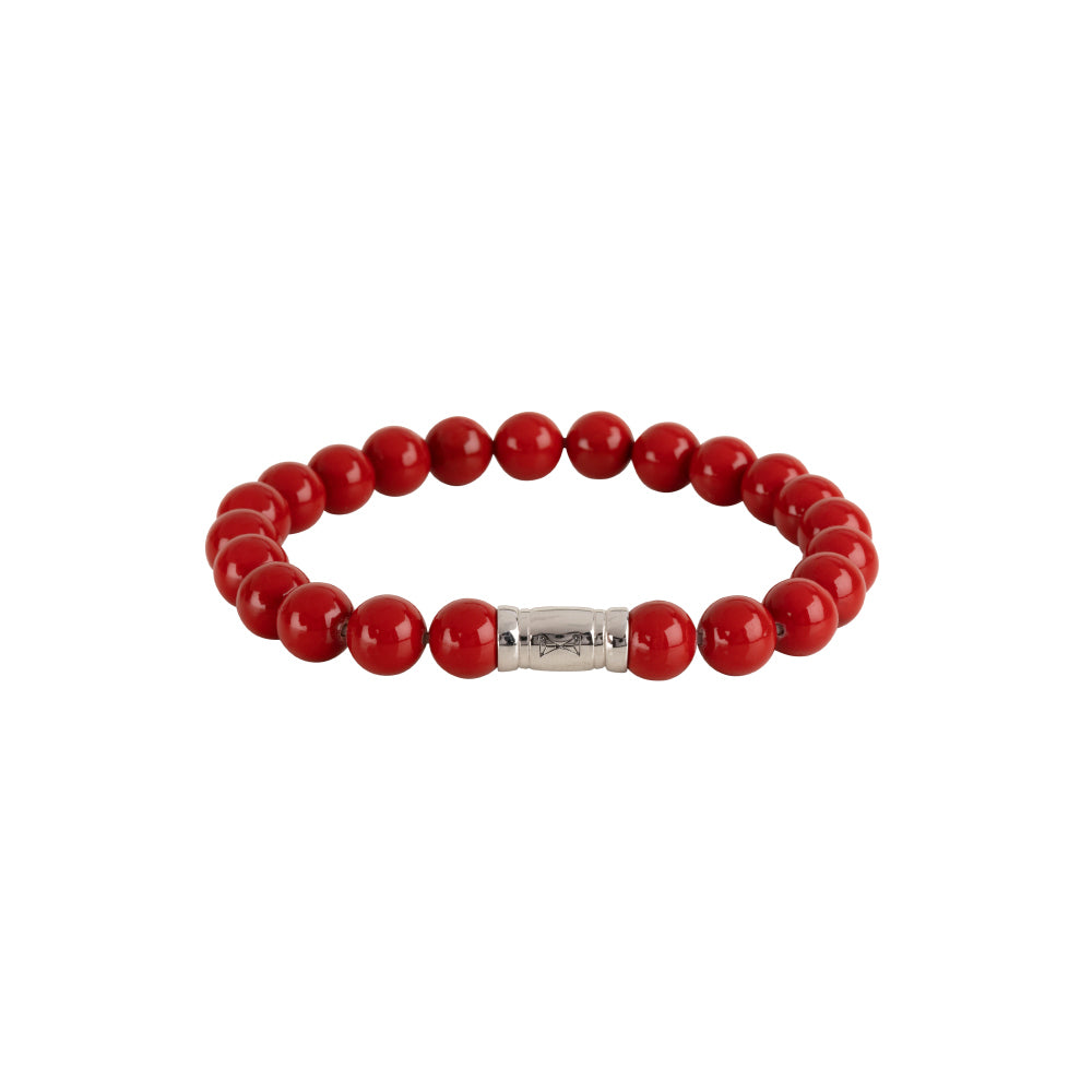 Pulsera de cuentas de 8 mm en color rojo con detalle metálico en el centro.