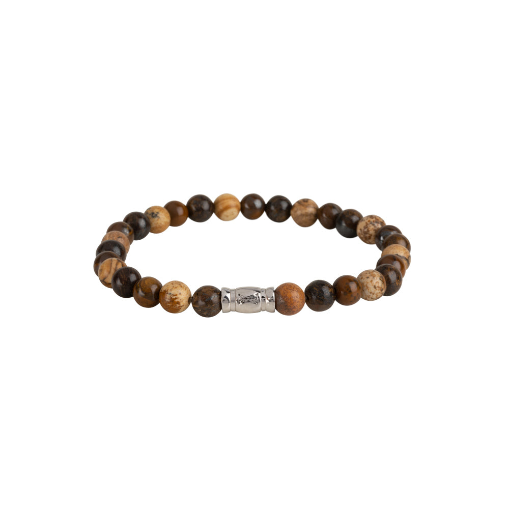 Pulsera de cuentas de 6 mm en tonos marrones con un separador plateado.