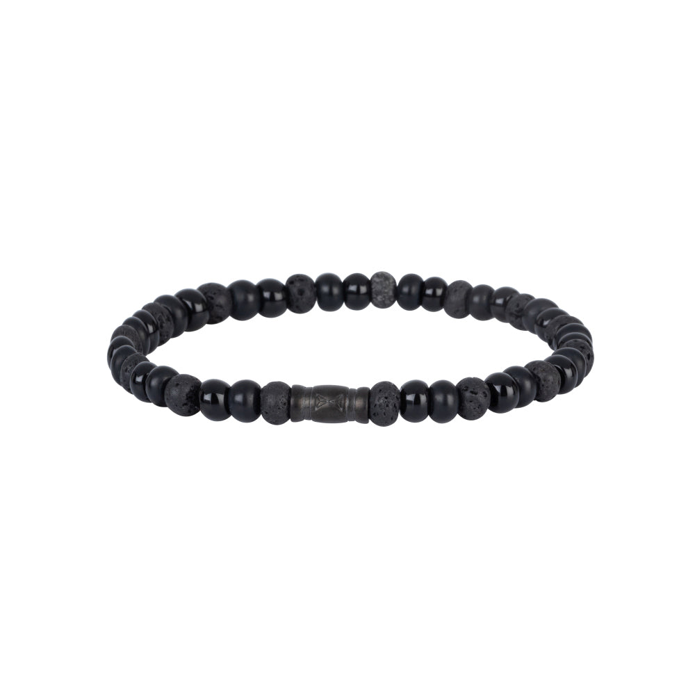 De Mount Blackmore Oval - 6 mm armband maakt deel uit van de AZE Jewels Rocks-collectie en is voorzien van matte, zwarte kralen in verschillende maten en een centrale cilindervormige metalen sluiting. Deze is geïnspireerd op de ruige schoonheid van Mount Blackmore Oval.