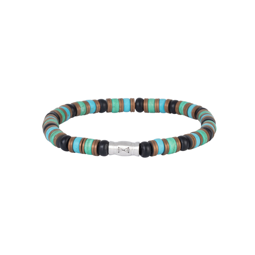 Pulsera de cuentas de 6 mm en tonos turquesa, marrón y negro, con cierre plateado.