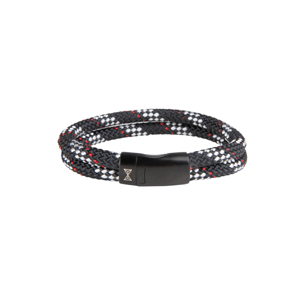 Pulsera trenzada de 6 mm en negro con detalles en rojo y blanco, cierre de metal negro.