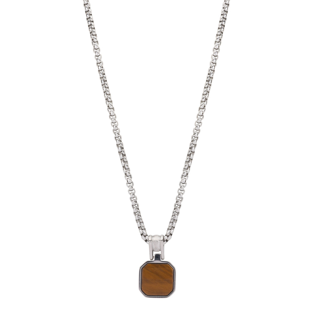 Cadena de eslabones con colgante octagonal de piedra ojo de tigre.