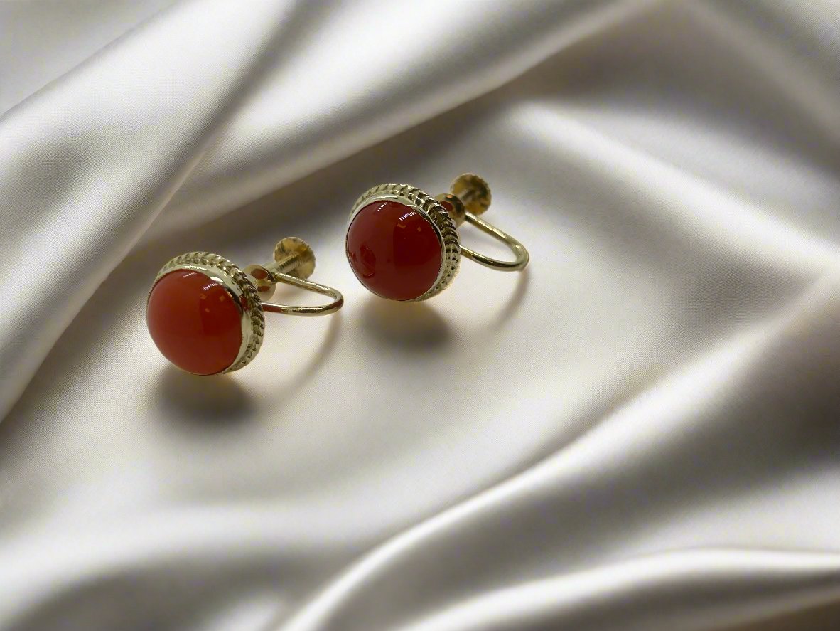 pendientes vintage de oro 14k coral rojo 4.4gr