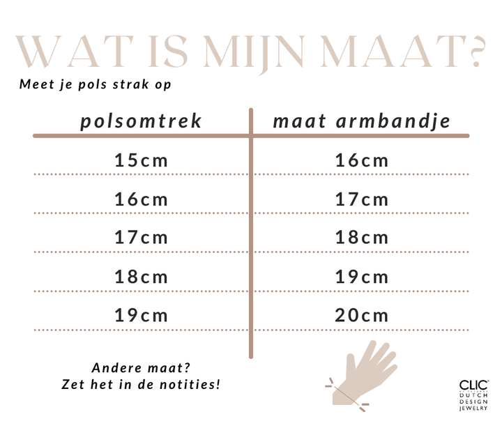 Een Wat is mijn maat?-tabel toont polsomtrekken naast armbandmaten, variërend van 15-16 cm tot 19-20 cm. Een geïllustreerde hand suggereert het noteren van maten voor uw CLIC Creations Thinking of You Armband A710GG, verkrijgbaar in edelstaal of goudkleurig met een bajonetsluiting.