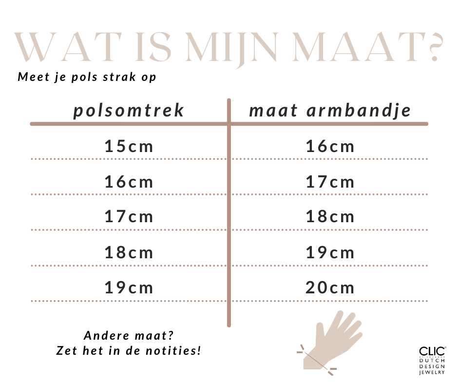 Een gedetailleerde Nederlandse maattabel voor de Thinking of You armband Aquamarijn zilver A721B van CLIC Creations. Het geeft een polsomtrek (polsomtrek) van 15 cm tot 19 cm en past bij armbandmaten van 16 cm tot 20 cm. Aangepaste maten zijn op aanvraag beschikbaar.
