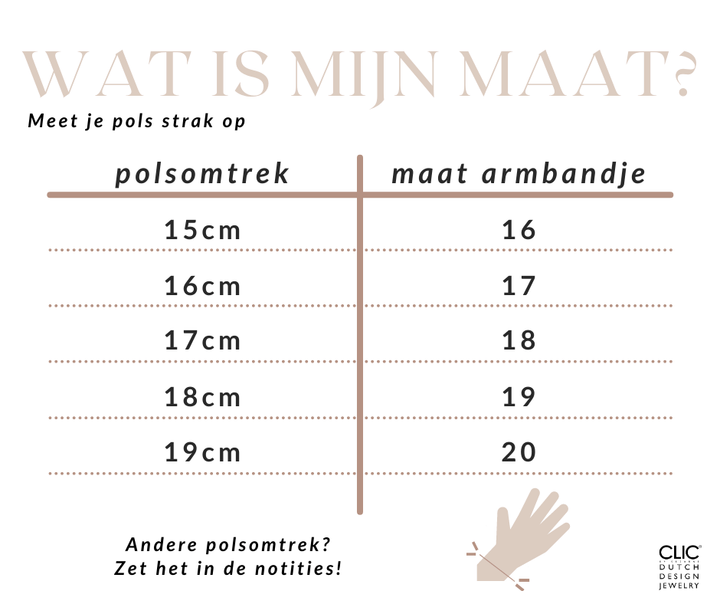 Een maattabel WAT IS MIJN MAAT? van CLIC Creations vergelijkt de polsomtrek (15 cm–19 cm) met de armbandmaten (16–20). Met de Thinking of You-Armband Amethist A712B in amethist en roestvrij staal. Logo: CLIC Dutch Design Jewelry.