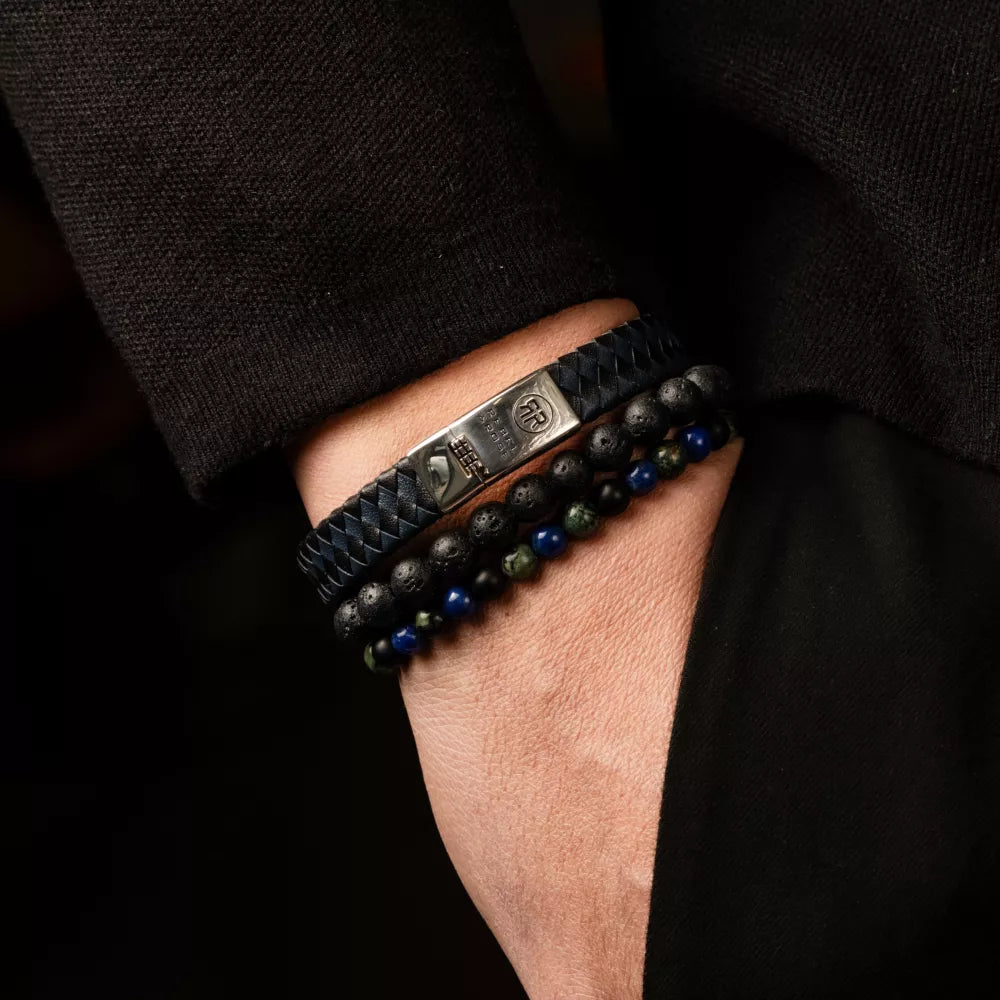 Pulsera trenzada plana 925 negro y azul de hombre