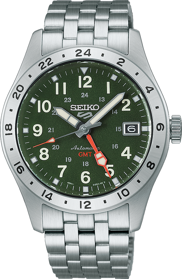 Reloj de acero inoxidable con esfera verde, números grandes y manecillas luminosas, función GMT.