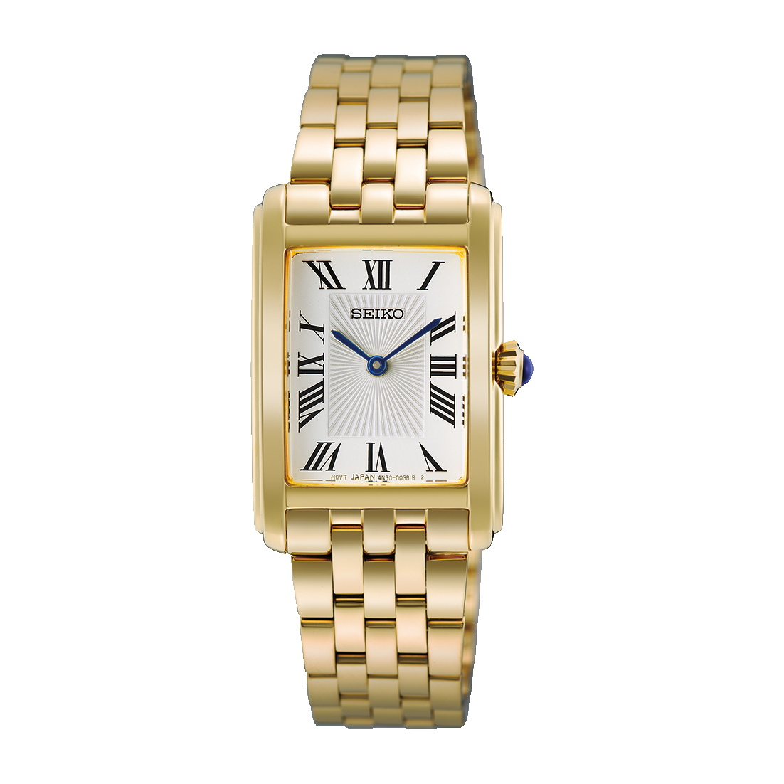 Reloj rectangular dorado con esfera blanca y números romanos, correa de eslabones.