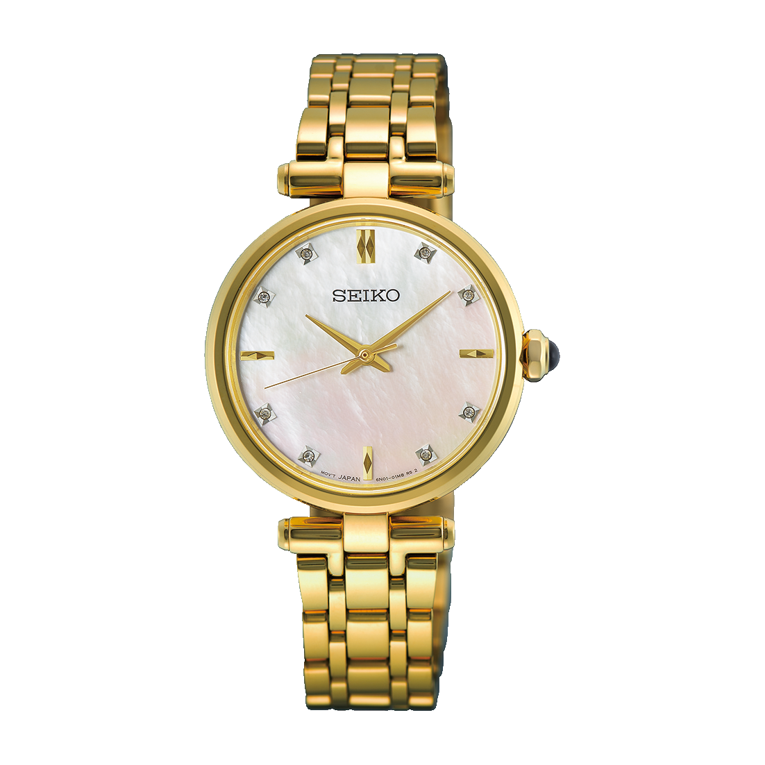 Reloj de esfera blanca con acabado dorado y pulsera de eslabones metálicos.