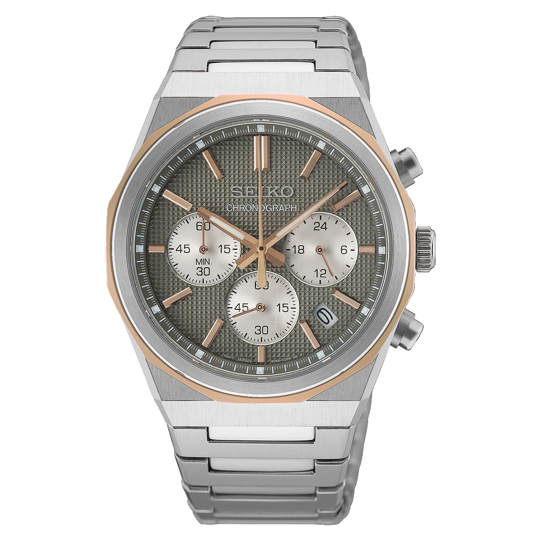 Reloj cronógrafo Seiko con caja de acero inoxidable, esfera gris y detalles en rosa.