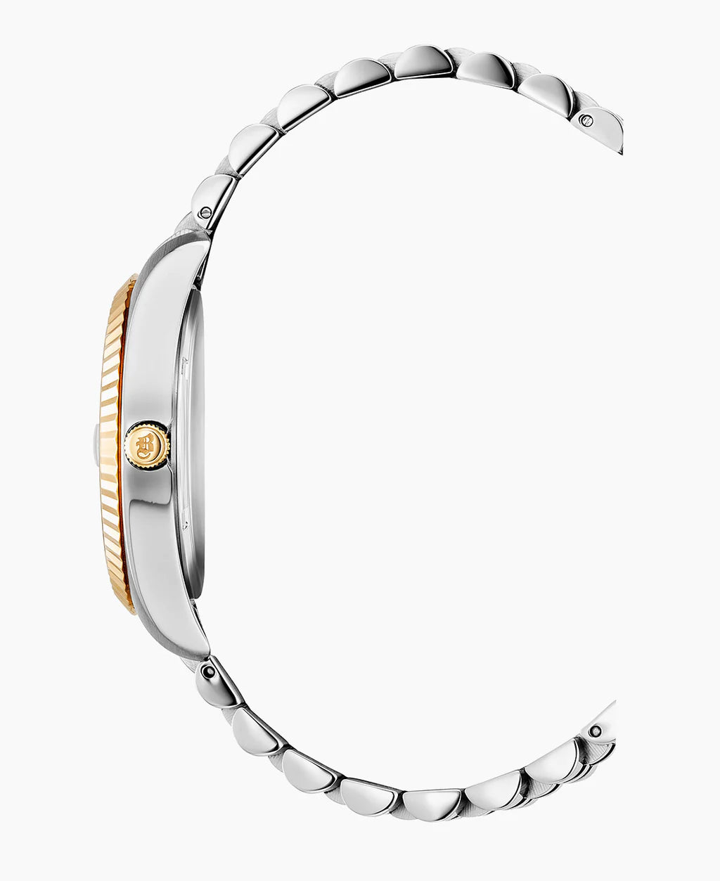 Zijaanzicht van een zilverkleurig Jacques Du Manoir Inspiration Classic horloge met een tweekleurige metalen armband en goudkleurige kroon, met het slanke profiel en het gespdetail - een chique kwartsuurwerk op een witte achtergrond.