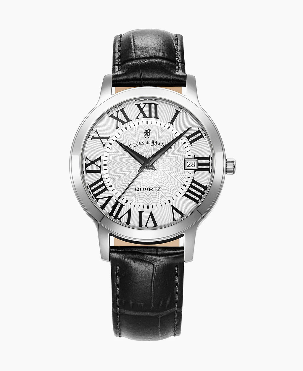 Reloj de caballero con esfera plateada, números romanos, correa de cuero negra y caja de acero inoxidable.