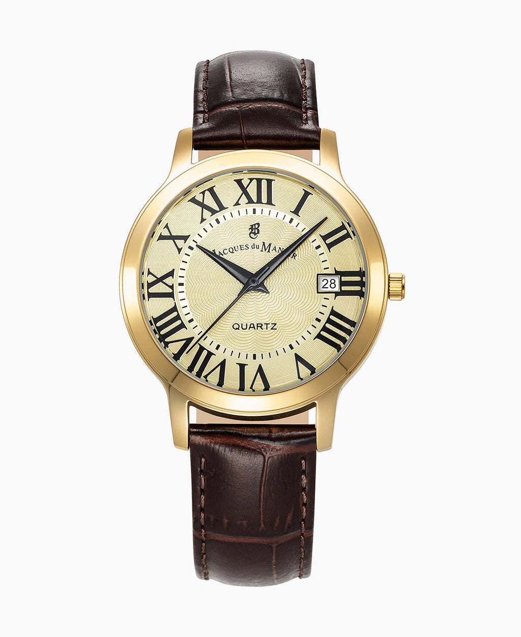Reloj de hombre con esfera dorada, números romanos, correa de cuero marrón y función de fecha.
