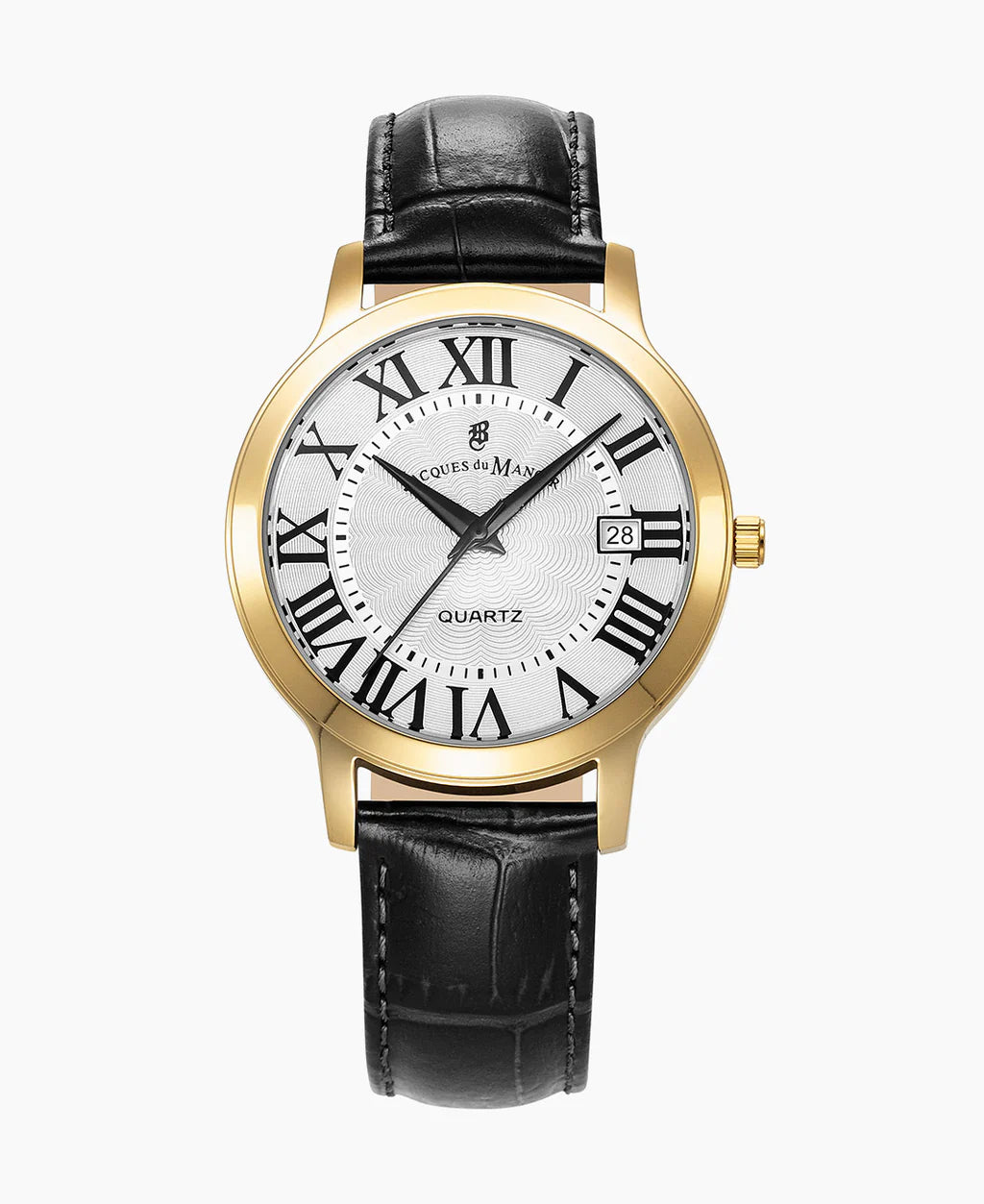 Reloj de hombre con esfera plateada, números romanos en negro, caja dorada y correa de cuero negra.