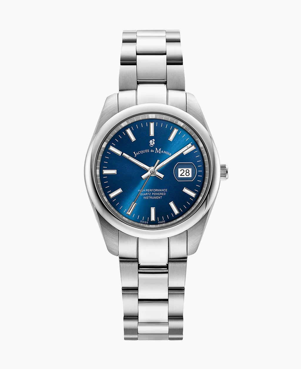 Reloj de acero inoxidable con esfera azul y detalles plateados, correa de eslabones.