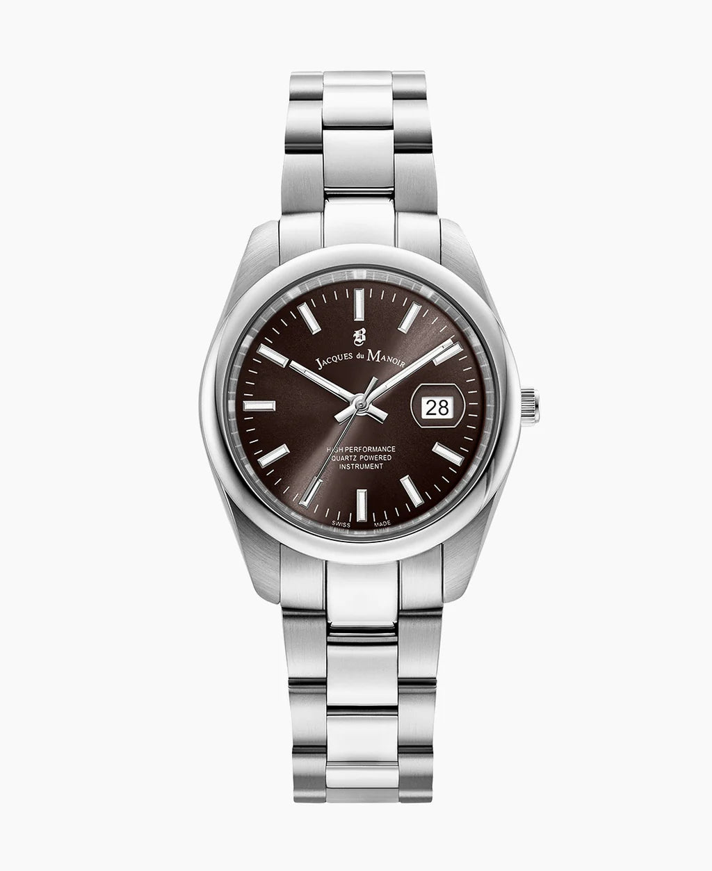 Reloj de acero inoxidable con esfera marrón y correa de eslabones.