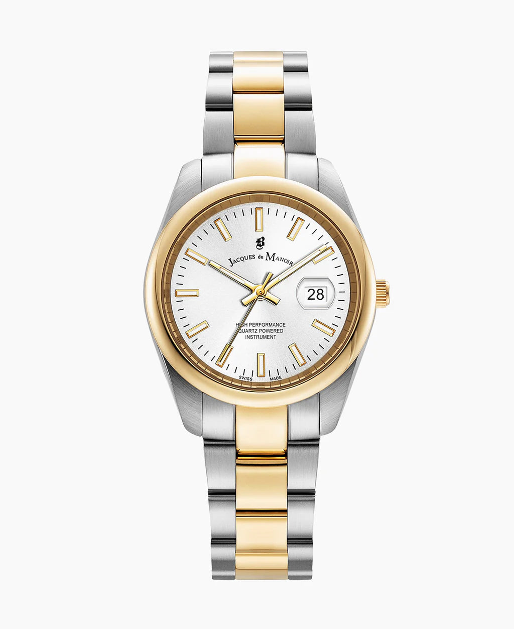 Reloj bicolor con caja plateada y dorada, esfera blanca y correa de acero inoxidable.