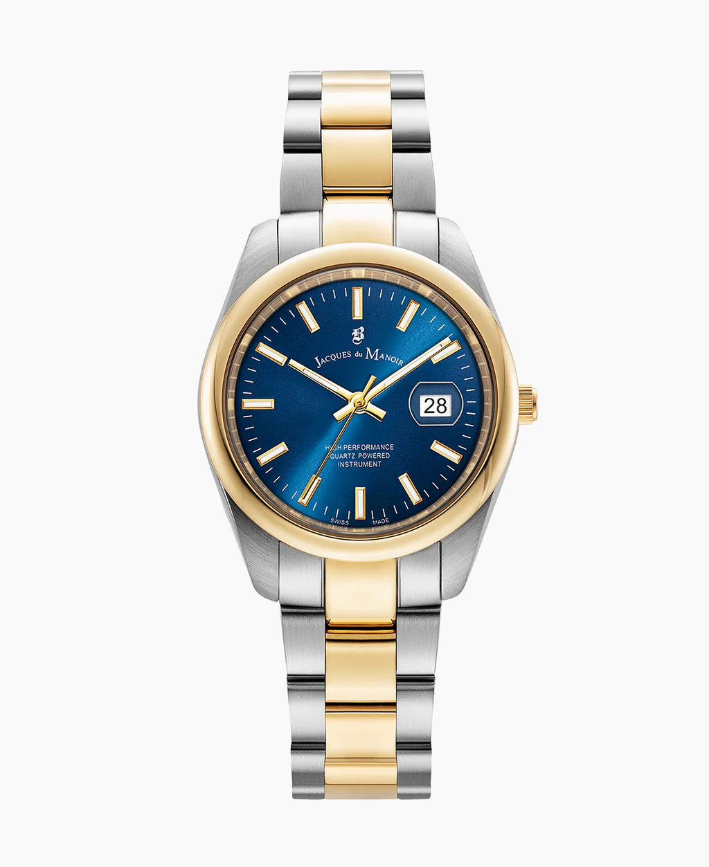 Reloj de acero inoxidable con esfera azul, detalles dorados y correa bicolor.