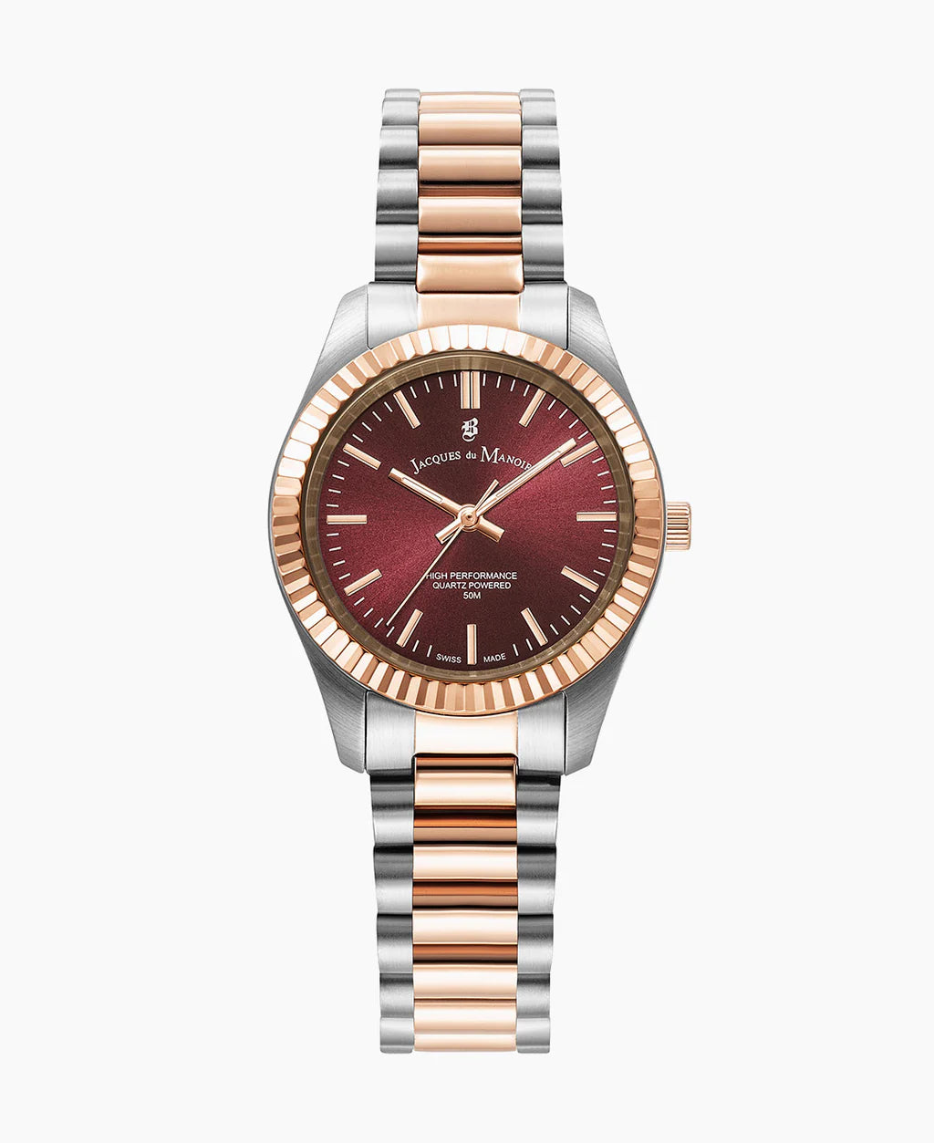 Reloj con caja de acero inoxidable, bisel dorado y esfera burdeos, pulsera bicolor de acero.