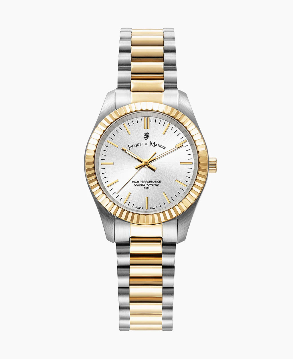 Reloj de acero inoxidable con bisel dorado, esfera plateada y pulsera bicolor.