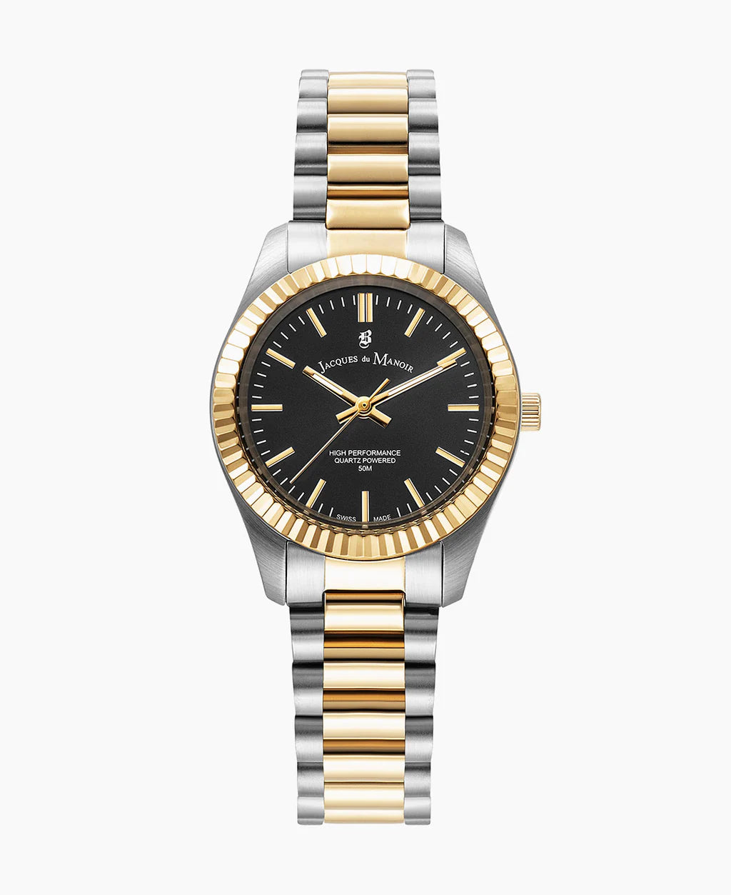 Reloj con caja de acero inoxidable bicolor, esfera negra y bisel dorado.