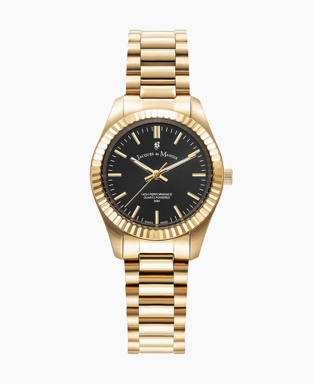 Reloj dorado con esfera negra y correa de eslabones, detalle de bisel estriado.