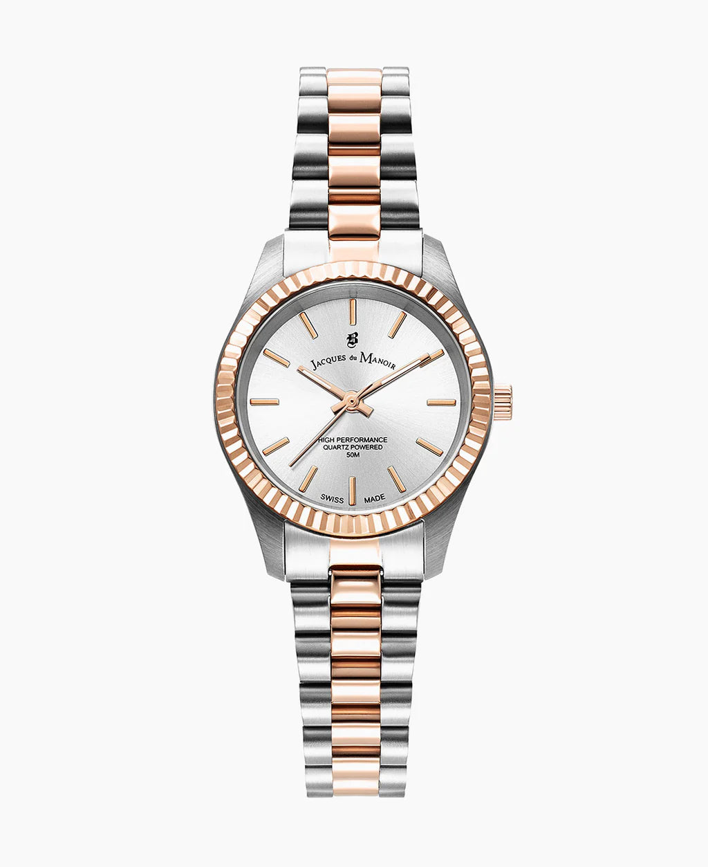 Reloj de acero inoxidable con esfera plateada y bisel en tono rosado, correa de eslabones bicolor.