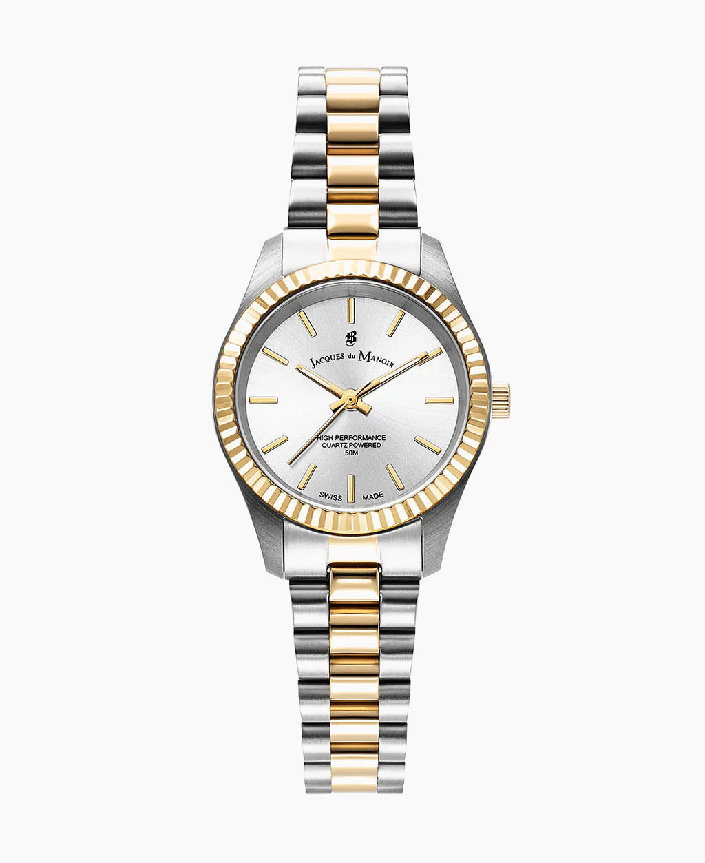 Reloj de acero inoxidable con esfera plateada y bisel dorado, correa bicolor de acero.