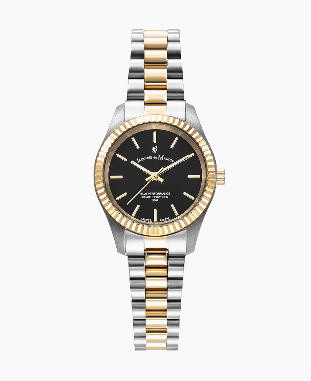 Reloj con caja de acero inoxidable y bisel dorado, esfera negra y pulsera bicolor.