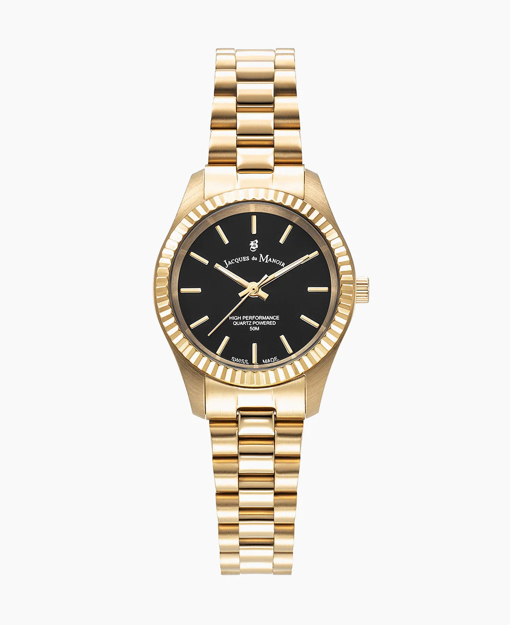 Reloj dorado con esfera negra y correa de eslabones.