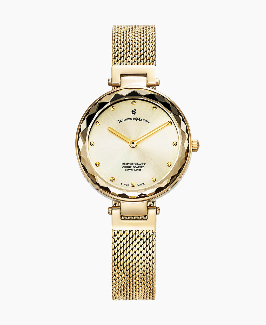 Reloj dorado con esfera clara y detalles en forma de diamante, correa de malla metálica.