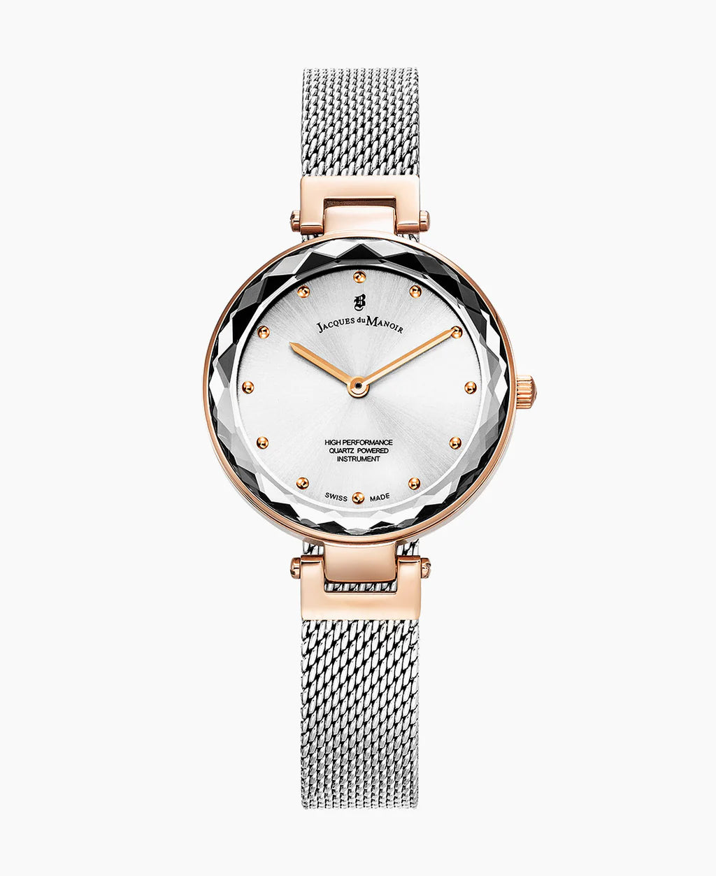 Reloj con caja dorada, esfera plateada y correa de malla de acero inoxidable.