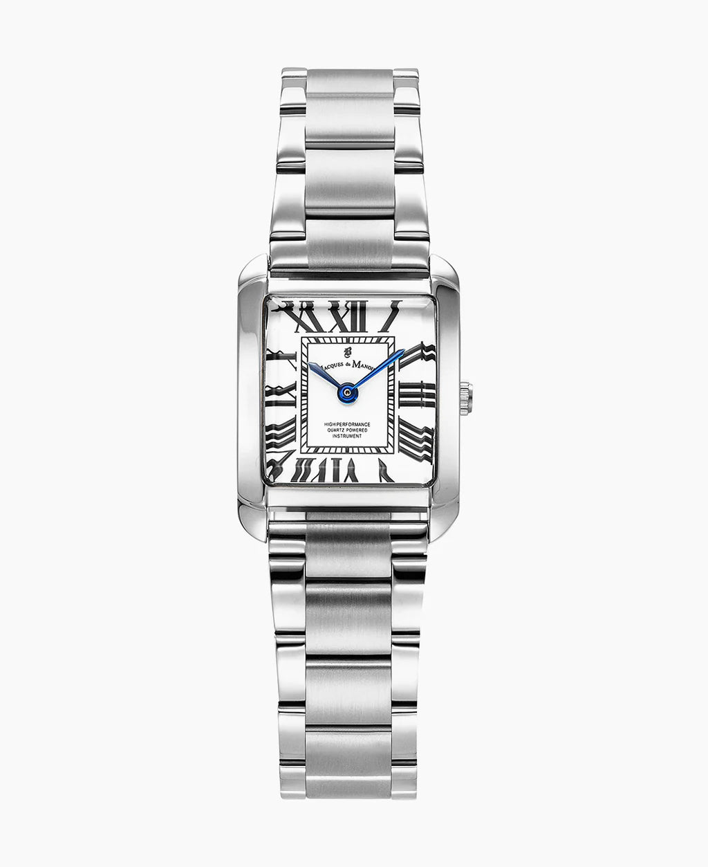 Reloj rectangular de acero inoxidable con esfera blanca y detalles en negro, correa de eslabones.