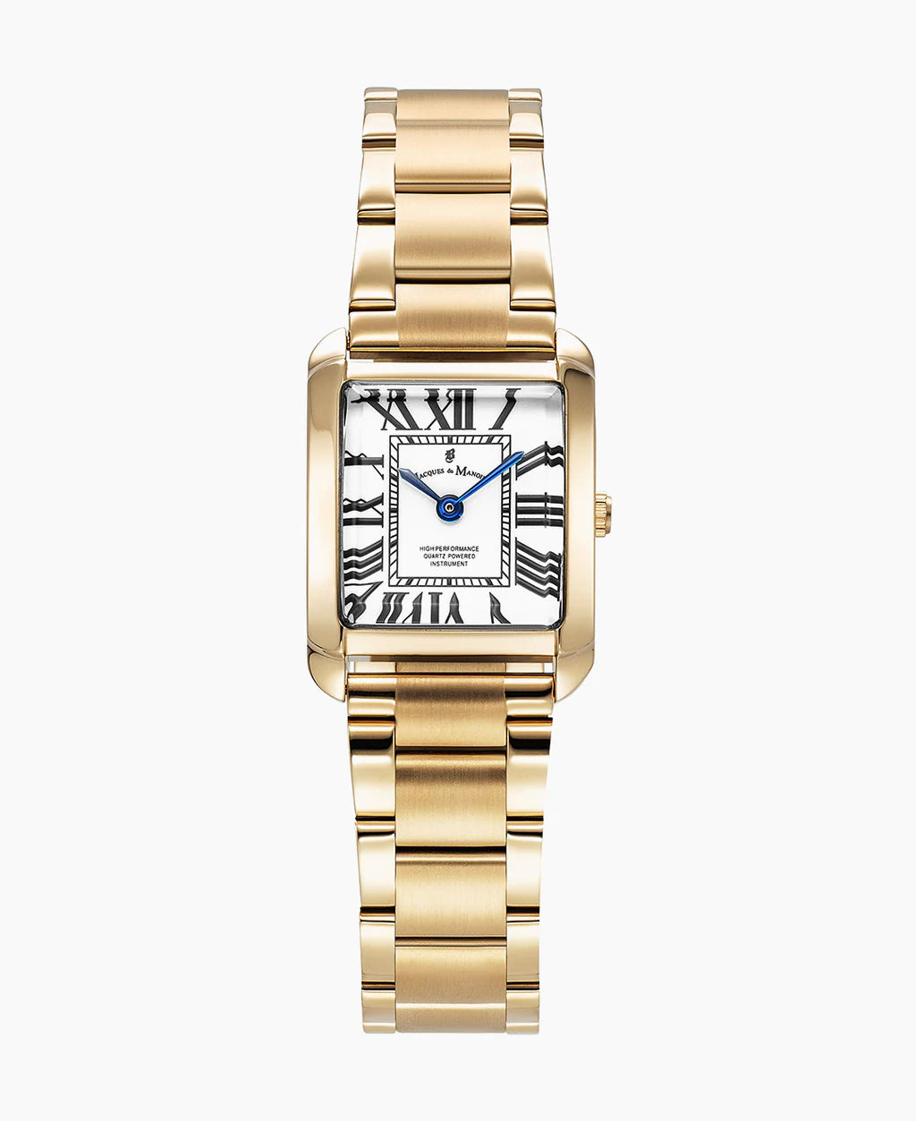 Reloj rectangular dorado con esfera blanca y números romanos, correa de eslabones.