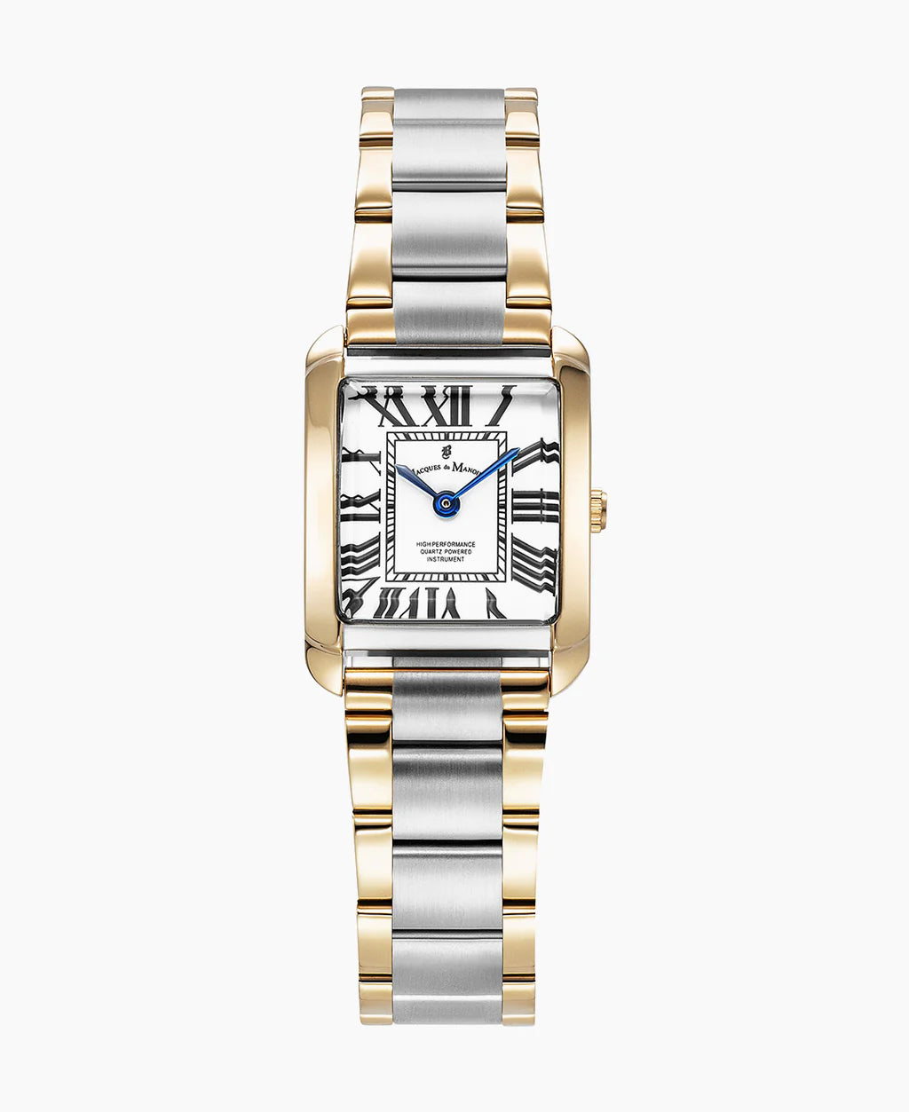Reloj rectangular con esfera blanca, números romanos y correa bicolor de acero inoxidable y dorado.