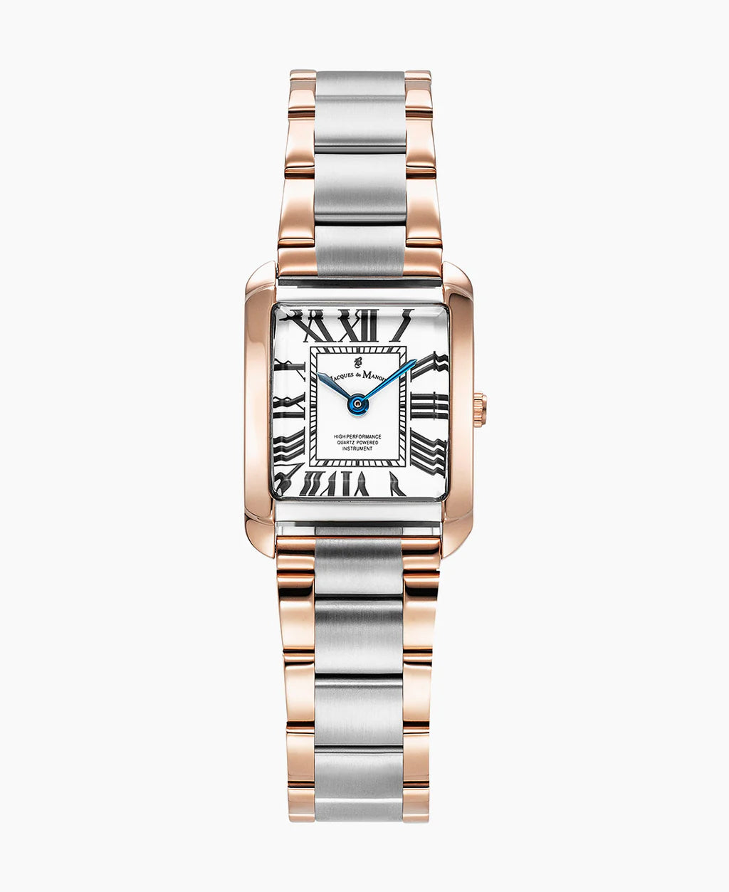 Reloj rectangular con esfera blanca, números romanos y correa bicolor de acero y oro rosa.
