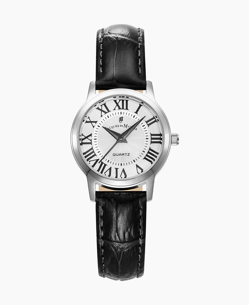 Reloj de mujer con esfera blanca, números romanos y correa de cuero negra.