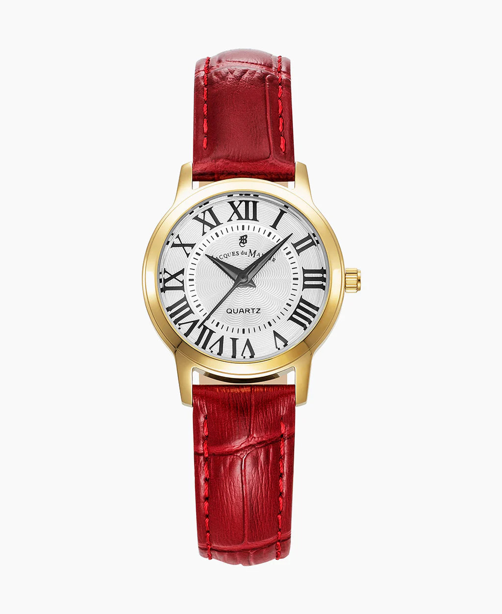 Reloj de mujer con esfera blanca, números romanos en negro, caja dorada y correa de cuero roja.