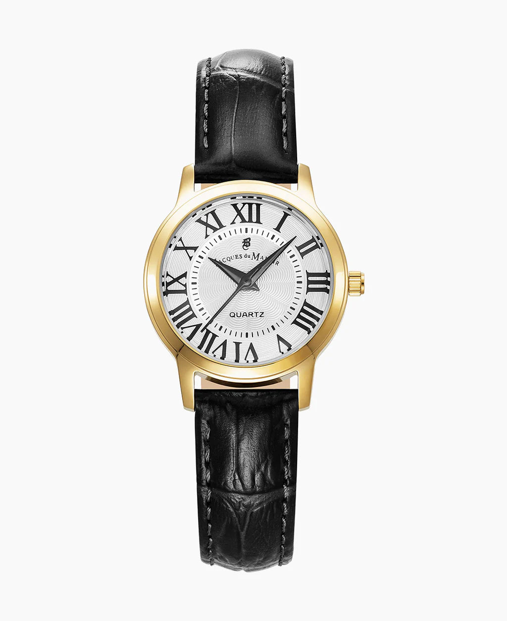 Reloj de mujer con esfera blanca, números romanos, caja dorada y correa de cuero negra.